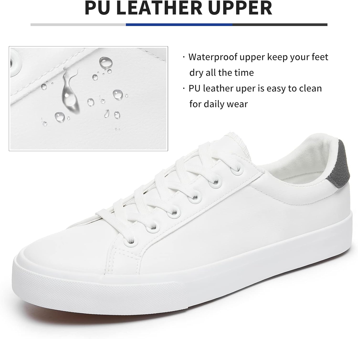Men’s White Tennis Shoes Low Top  Sneakers PU Leather Casual Shoe for Men